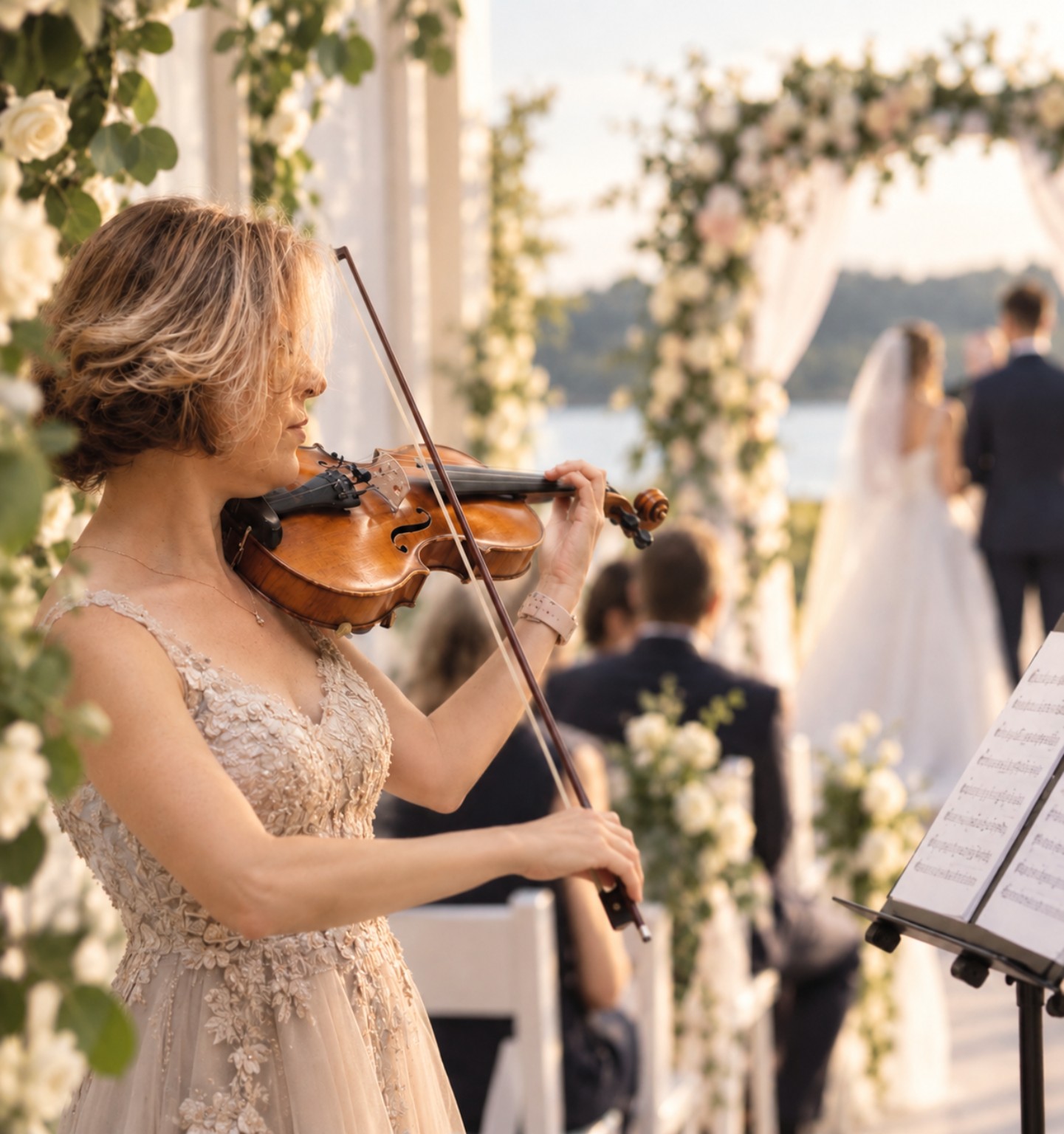 Violinist performing at an elegant outdoor wedding ceremony
